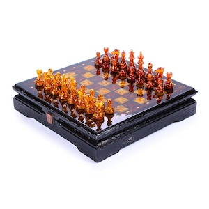 Handmade Amber Chess Set: Deluxe Wooden Board with Storage