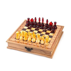 Handmade Wooden Chess Set with Amber Chess Pieces