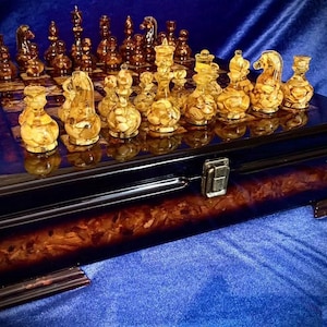 Luxury Baltic Amber Chess Set: Handcrafted Wood Board, Modern Chess Pieces