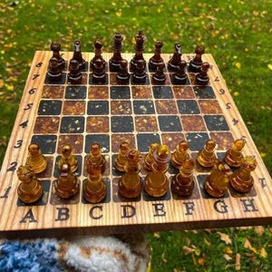Wood Amber chessboard with chess figures,Wooden chessboard,Modern chess, Premium chess figures, Chess pieces amber,Luxury chess gift