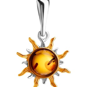 Beautiful pendant Helios made of silver and natural amber of cognac color,Amber sun pendant, Handmade amber jewellery gift,moon pendant