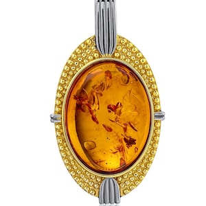 Spectacular silver-gilt pendant decorated with cognac-colored amber,Vintage amber pendant, Handmade amber jewellery gift