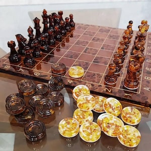 Amber chessboard with chess figures,Amber chessboard,Amber checkers, Premium chess figures, Chess pieces amber,Resin chessboard, Unique gift