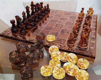Amber chessboard with chess figures,Amber chessboard,Amber checkers, Premium chess figures, Chess pieces amber,Resin chessboard, Unique gift