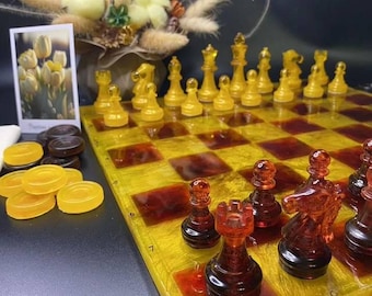 Amber chessboard with chess figures,Amber chessboard,Unique  chess set,Premium chess figures, Chess pieces amber,Resin chessboard