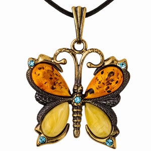 Handmade Amber Butterfly Pendant: Rhinestone Brass Jewelry Gift
