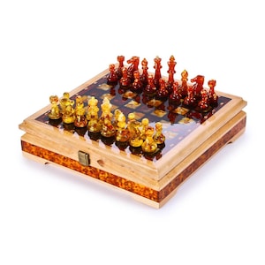 Amber Chess Set: Handmade Wooden Board with Amber Figures