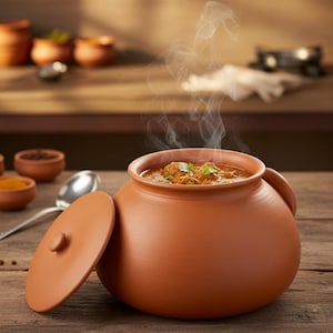 Puede incluir: Una olla de barro de color terracota con forma redonda y abombada, acompañada de su tapa colocada a un lado. El recipiente contiene un guiso caliente que desprende vapor, decorado con hierbas verdes. El exterior tiene un acabado liso y mate.