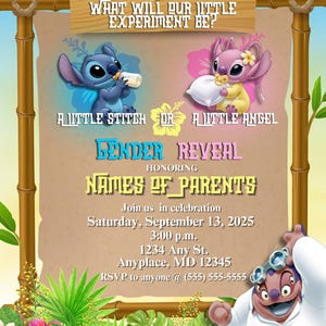 May include: A gender reveal invitation with a tropical theme. The invitation features the characters Stitch and Angel, along with the text "Aloha" and "What will our little experiment be?" The invitation includes event details.