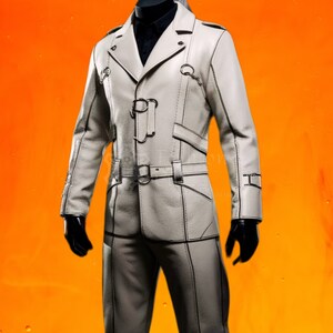 May include: A white leather jacket with a long, fitted silhouette. The jacket has a double-breasted closure, a belt at the waist, and decorative stitching.