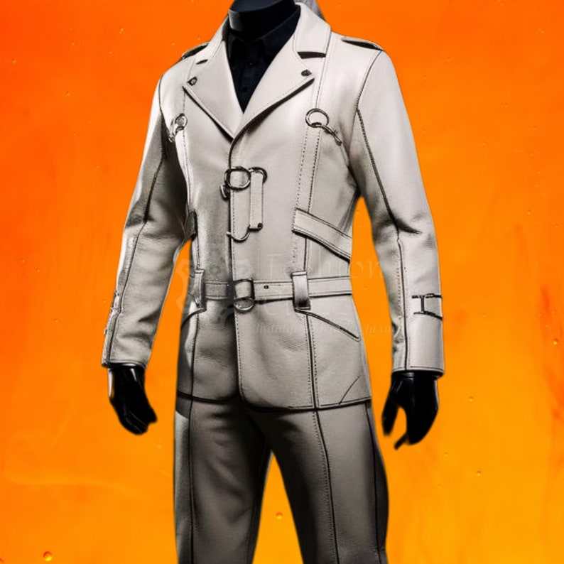 May include: A white leather jacket with a long, fitted silhouette. The jacket has a double-breasted closure, a belt at the waist, and decorative stitching.
