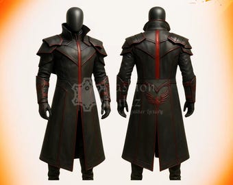 Black & Red Shadow Assassin Leather Warcoat | Sith Dark Knight Sci-Fi Gothic Armor Trench Costume