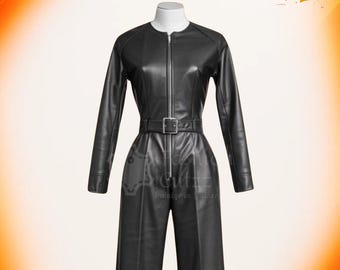 Handmade Black Cowhide Leather Jumpsuit | Dark Belted Cosplay Catsuit | Heavy Duty Zippered Halloween Suit