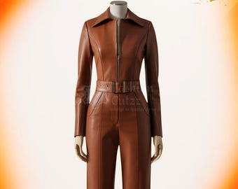 Brown Cowhide Leather Gothic Jumpsuit with Belted Waist | Pure Halloween Moto Combat Cosplay Suit