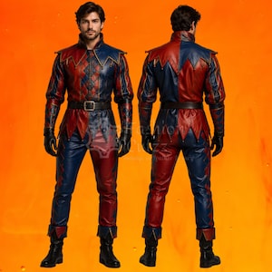 May include: A two-piece leather costume featuring a jacket and trousers in a red and blue color-blocked pattern. The jacket has a high collar, pointed hem, and a diamond-quilted chest panel. A black leather belt with a buckle is worn at the waist.