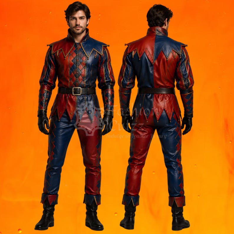 May include: A two-piece leather costume featuring a jacket and trousers in a red and blue color-blocked pattern. The jacket has a high collar, pointed hem, and a diamond-quilted chest panel. A black leather belt with a buckle is worn at the waist.