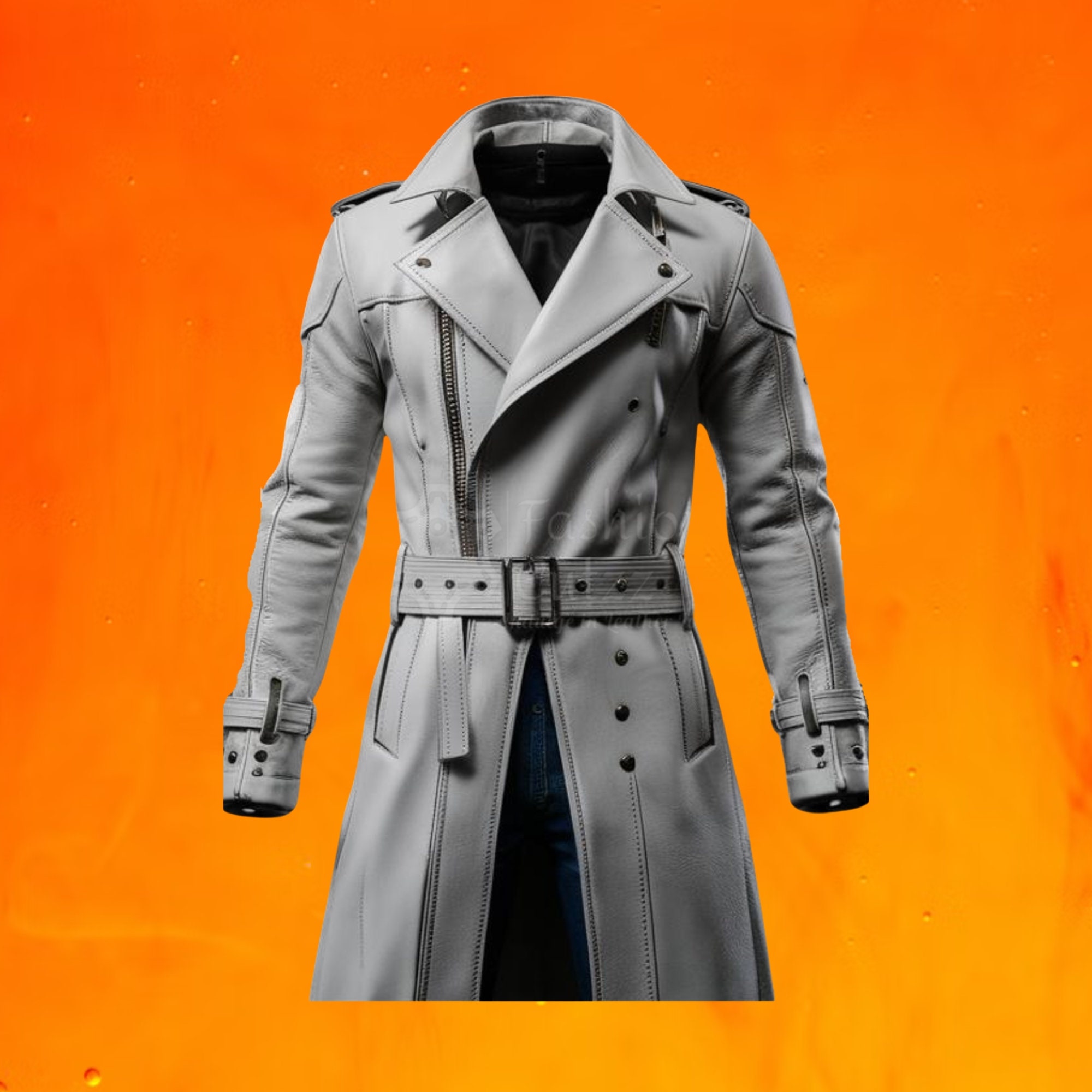 Ultimate White Pure Leather Steampunk Double Breasted Trench
