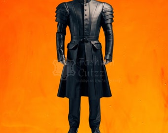 Heavy Black Leather Gothic Trench Coat Costume | Medieval Halloween LARP Long Coat | Dark Assassin Cosplay Gear