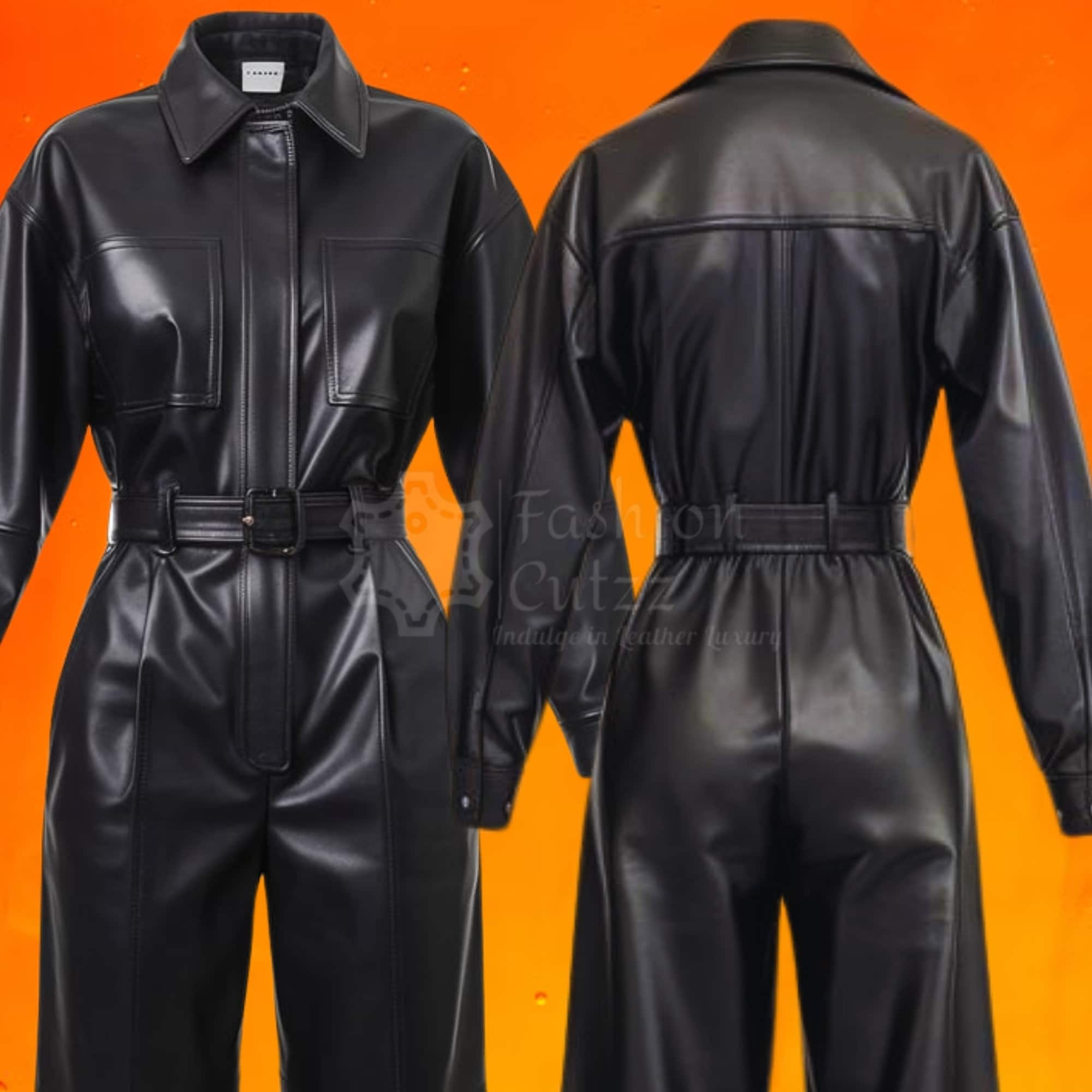 【Anyone more】Kippy Black Leather Jumper Heavy Duty Black Leather Utility Style Belted Jumpsuit