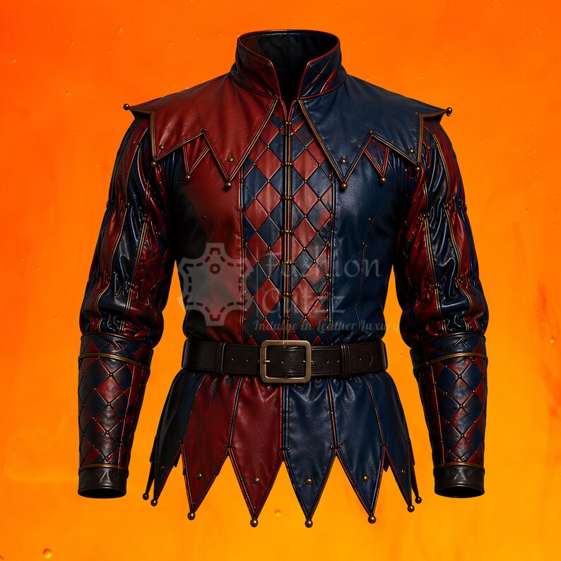 May include: A long-sleeved jacket featuring a red and blue diamond-patterned front panel, a high collar, and a pointed hemline. The garment includes a black leather belt with a metal buckle and decorative metal studs along the seams and edges.