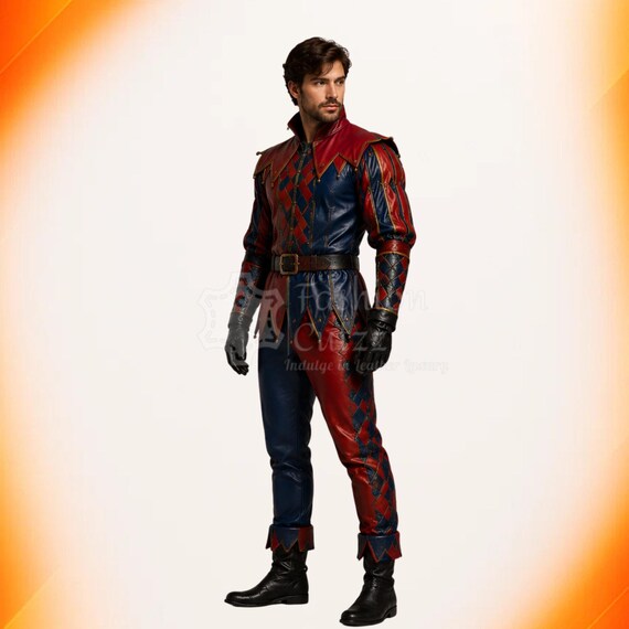 Renaissance Red & Blue Court Jester Costume | Reinforced Medieval Leather Armor | Fantasy Cosplay LARP Gear