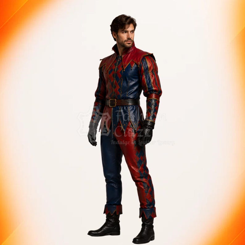 May include: A long-sleeved leather jacket and matching trousers featuring a red and blue color-blocked pattern with diamond-shaped detailing. The outfit includes a dark brown leather belt with a buckle and black leather gloves and boots.