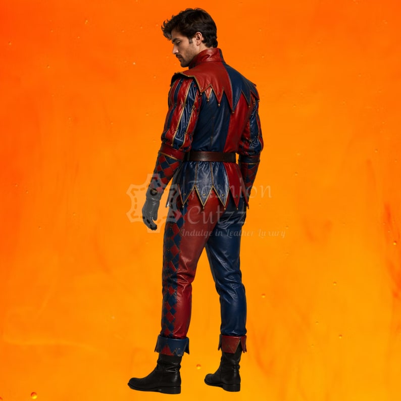 May include: A two-toned red and blue leather costume featuring a jacket with a pointed collar and long sleeves, paired with matching trousers. The garment displays a diamond pattern on the sleeves and legs, a brown belt, and black boots.