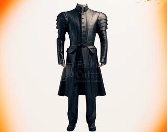 Heavy Black Leather Gothic Trench Coat Costume | Medieval Halloween Long Coat | Assassin Cosplay Gear