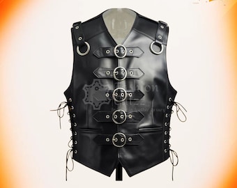 Handmade Rugged Cowhide Punk Combat Black Leather Gothic Vest | Heavy Duty Warrior Battle Gear