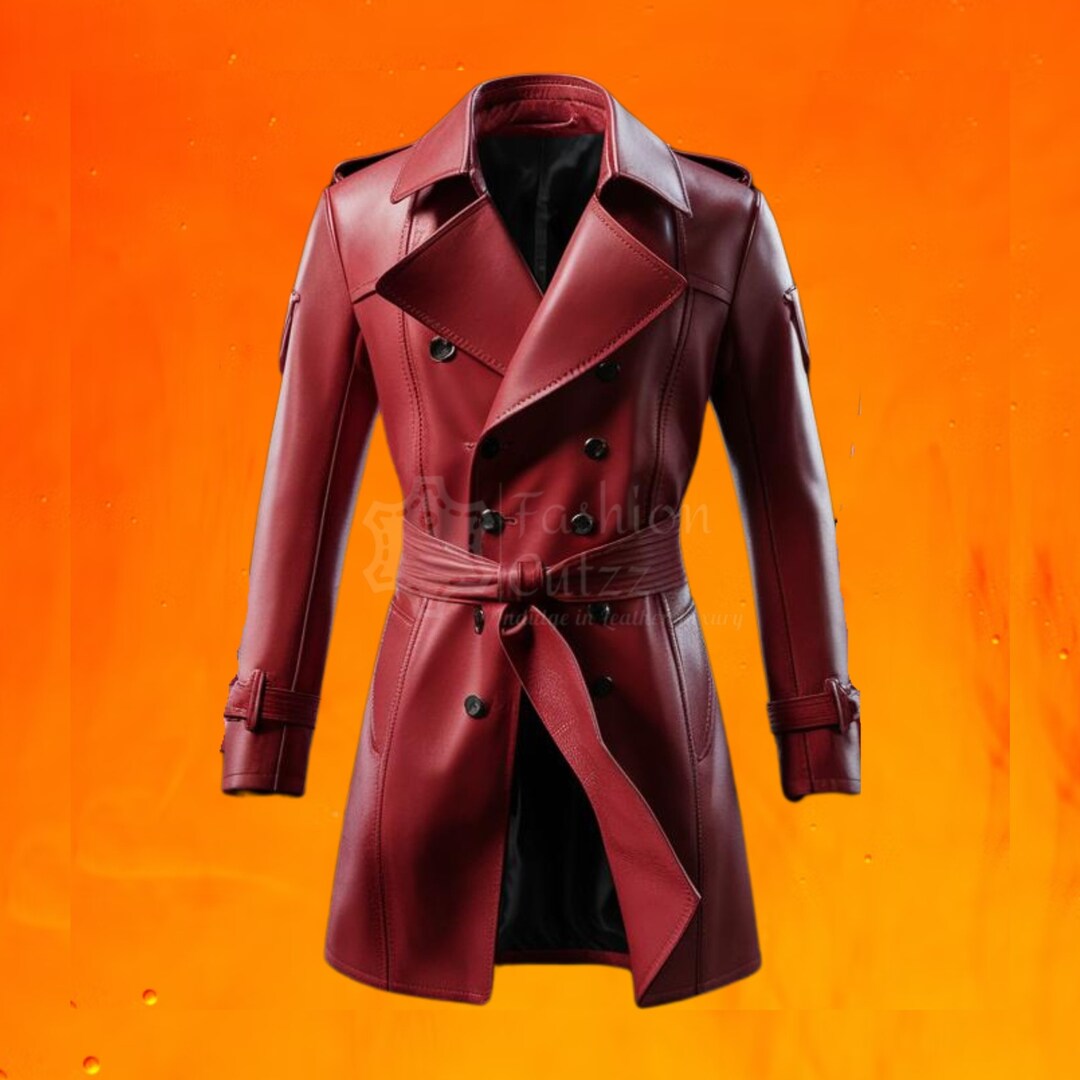 Extreme Fetish Red Cowhide Leather Steampunk Trench Coat