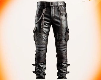 Cowhide Hardcore Gothic Black Leather Rugged Biker Combat Pants | Handmade Warrior Cargo Buckled Pant