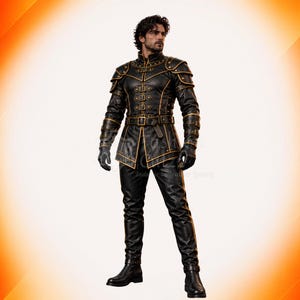 May include: A black leather outfit featuring a structured jacket with gold-toned buckles, studs, and shoulder armor, paired with matching black leather trousers and gloves. The jacket includes a high collar and a belt at the waist with gold accents.