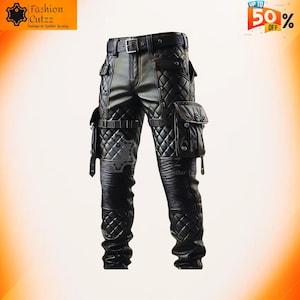 Hardcore Gothic Quilted Combat Leather Cargo Pants | Black Cowhide Quilted Rugged Biker Warrior Trousers
