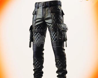 Spodnie bojówki w stylu steampunk, pikowane, z czarnej skóry bydlęcej | Wytrzymałe spodnie motocyklowe w stylu gotyckim