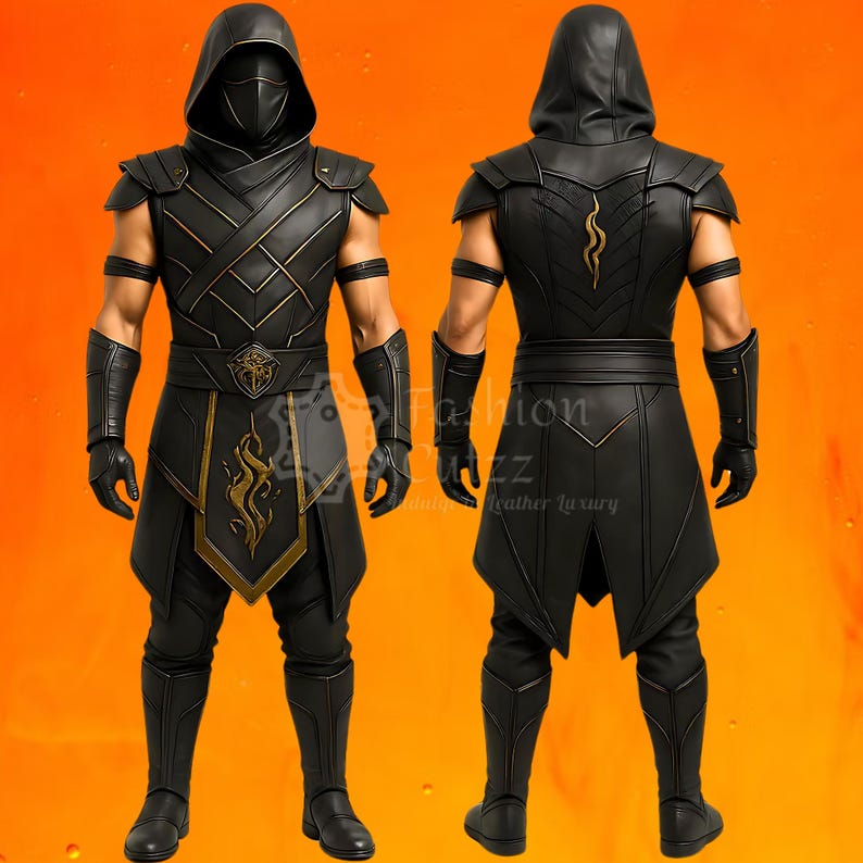 Puede incluir: Traje de ninja de cuero negro con detalles dorados, que incluye una m&aacute;scara con capucha, hombreras y protectores de brazos. La vista frontal muestra intrincados dise&ntilde;os dorados, mientras que la vista trasera revela un emblema dorado estilizado. El texto "Fashion Cuzz, leather luxury" es visible.