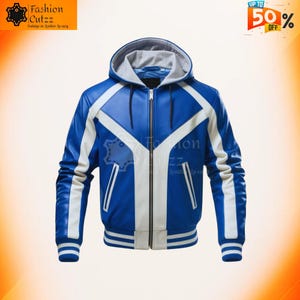 Handcrafted Blue & White Hooded Leather Jacket | Geometric Cowhide Rider Gothic Warrior Gear