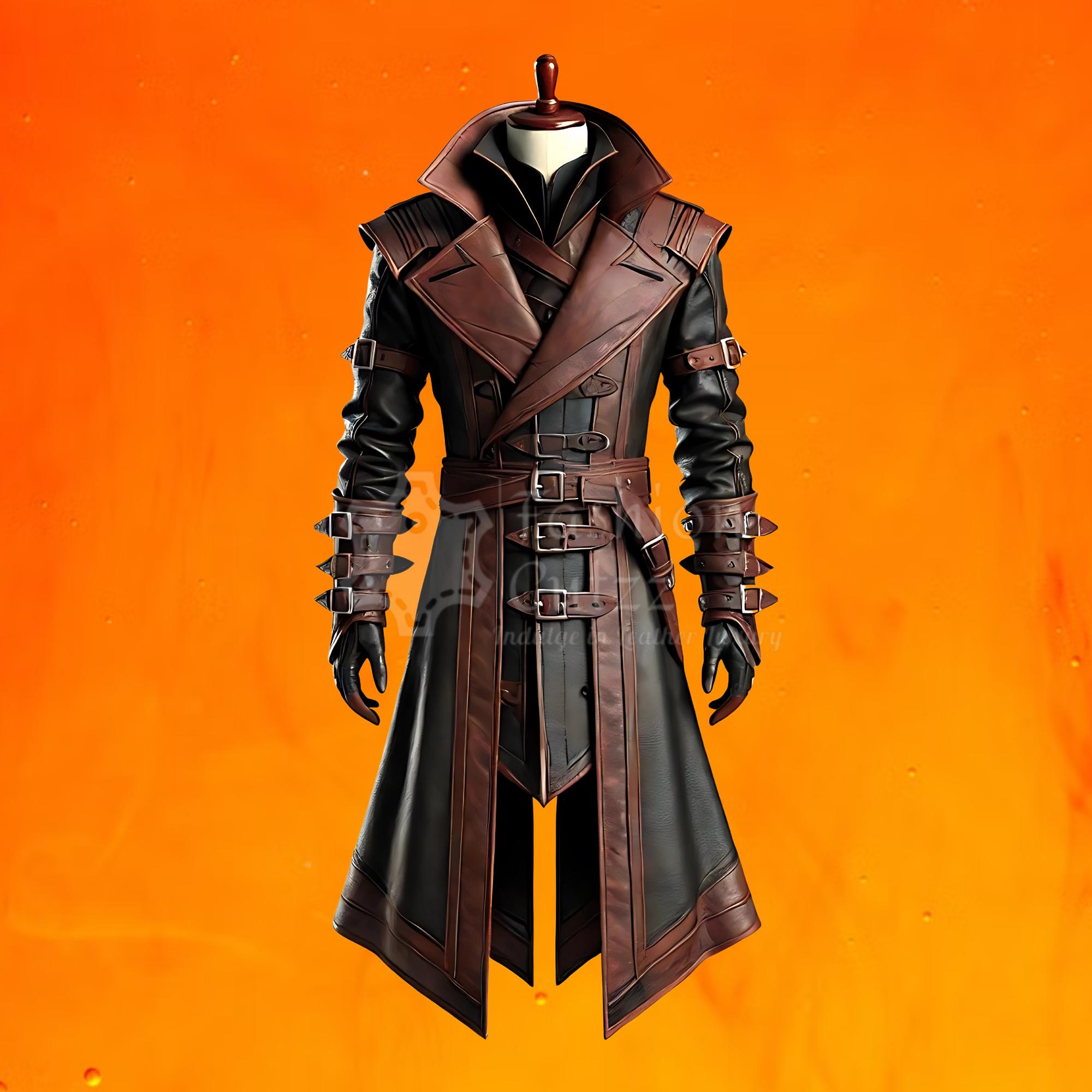 Handmade Genuine Brown \u0026 Black Leather Warrior Creed Assassin Costume -  Pure Cowhide Gothic Syndicate Belted Trench Coat - Medieval Costume - Etsy