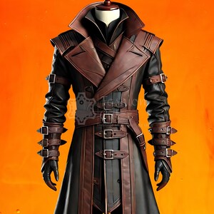 以下が含まれることがあります： 複数のバックルとストラップが付いた、黒と茶色の革のコート。コートは、広い襟、ダブルブレストのデザイン、装飾的なステッチが特徴です。袖には金属製のスパイクが付いた追加のストラップが付いています。コートはマネキンに展示されています。