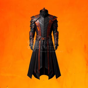 Op de afbeelding: Een zwarte leren jas met oranje accenten en een lang, vloeiend ontwerp. De jas heeft een hoge kraag en een riem om de taille. De jas is op een mannequin tegen een oranje achtergrond.