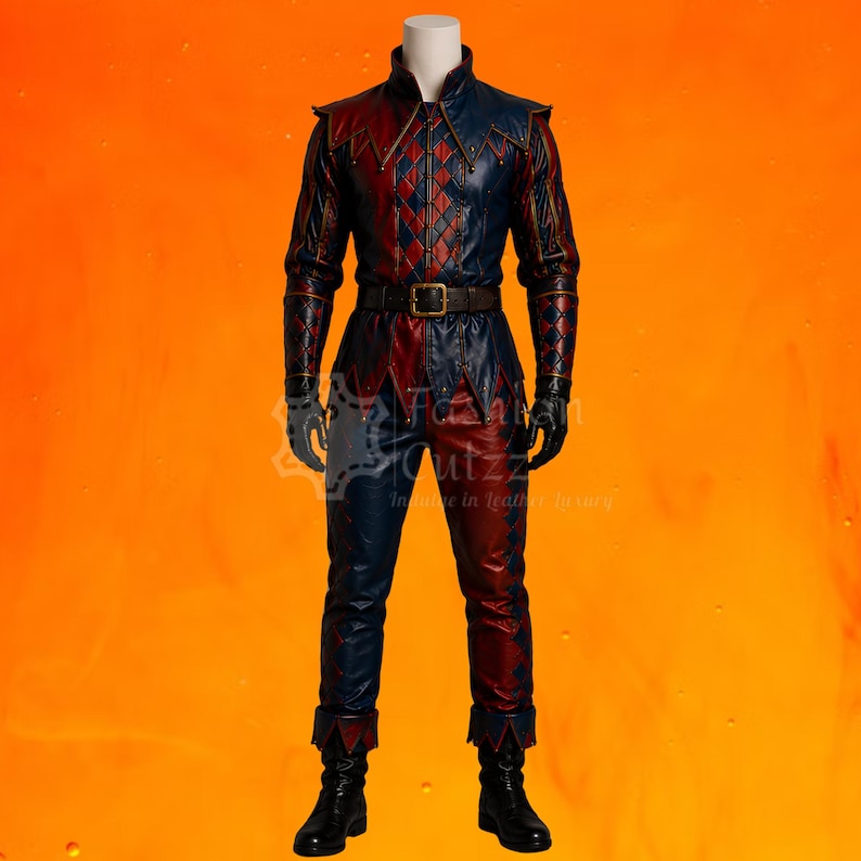 May include: A long-sleeved jacket and trousers set featuring a dark blue and deep red diamond pattern. The jacket has a high collar, pointed hem, and a dark brown belt with a buckle. The trousers are fitted, and the outfit includes black gloves and boots.
