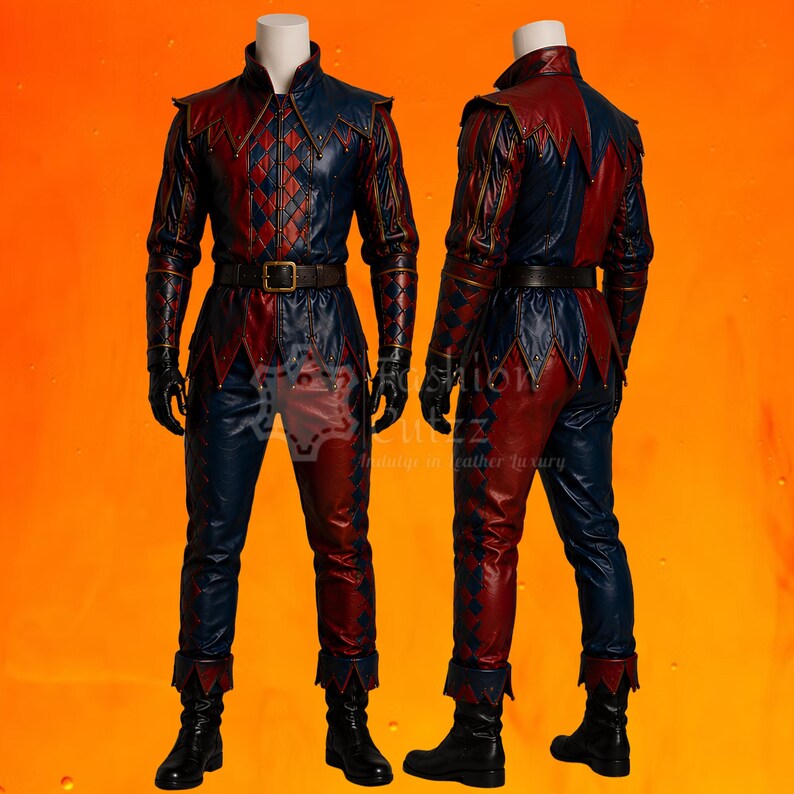 May include: A two-piece costume set featuring a long-sleeved jacket and trousers in a red and navy blue diamond pattern. The jacket has a high collar, pointed hem details, and a dark brown belt with a gold buckle. Black gloves and boots complete the look.
