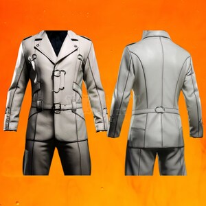 May include: A white leather jacket and matching pants with a double-breasted closure, a belt, and decorative stitching.