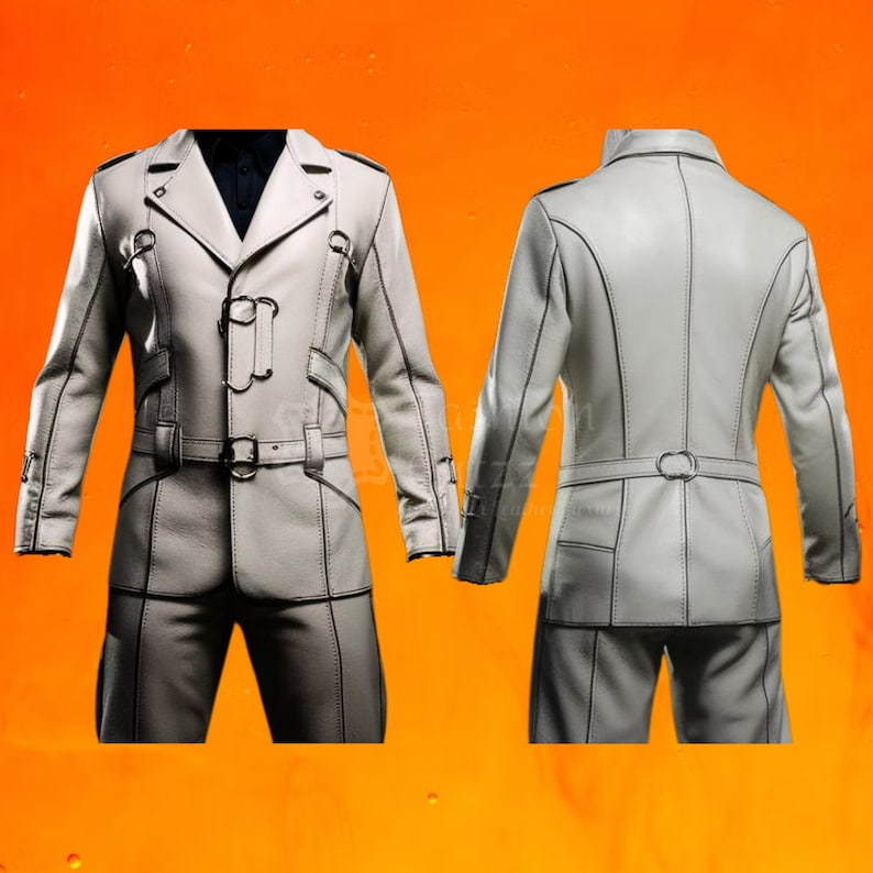 May include: A white leather jacket and matching pants with a double-breasted closure, a belt, and decorative stitching.