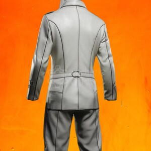 May include: A white leather suit with a long jacket and matching pants. The jacket has a belt and a single button closure. The suit has black stitching details.