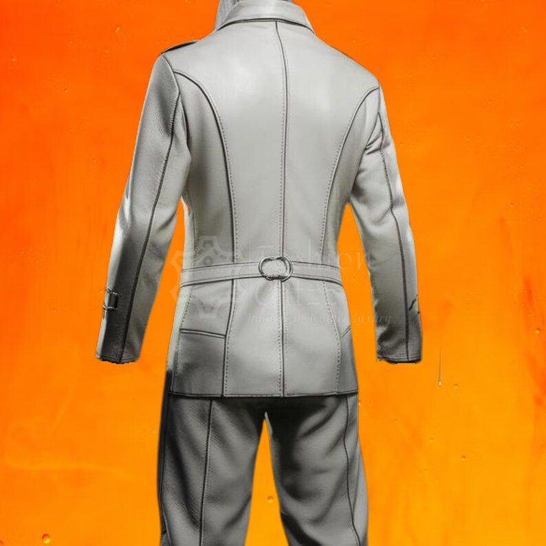 May include: A white leather suit with a long jacket and matching pants. The jacket has a belt and a single button closure. The suit has black stitching details.