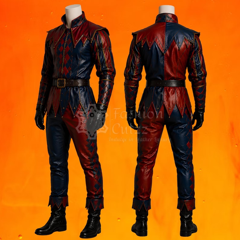 May include: A two-piece costume featuring a jacket and pants in a red and blue color-blocked diamond pattern. The jacket has a high collar, pointed hem details, and a dark brown belt. The outfit includes black gloves and black boots.