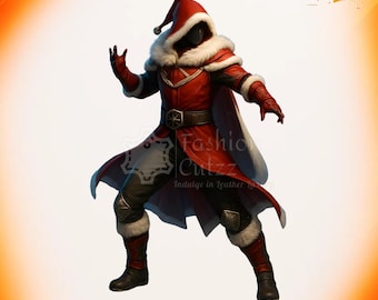 May include: A red and white Santa Claus costume with a hood and fur trim. The costume includes a belt, gloves, and boots. The image also contains the text "Fashion Cuttz" and "Indulge in leather luxury" and "Up to 50% Off".