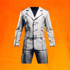 May include: A white leather jacket with a double-breasted closure, a belt at the waist, and a stand-up collar.