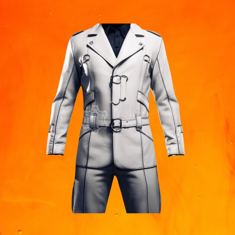 May include: A white leather jacket with a double-breasted closure, a belt at the waist, and a stand-up collar.