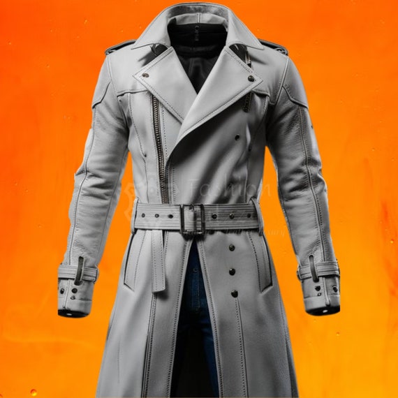 Ultimate White Pure Leather Steampunk Double Breasted Trench